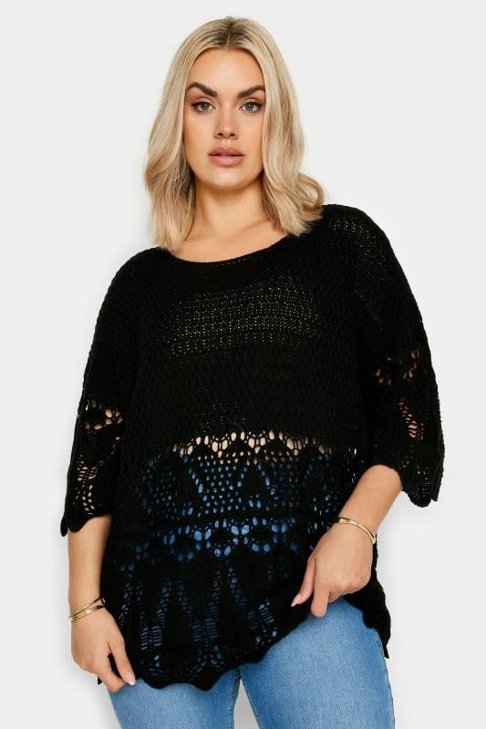 evans YOURS Curve Black Crochet Detail Jumper