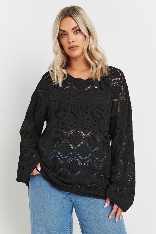 evans YOURS Curve Black Crochet Knitted Jumper