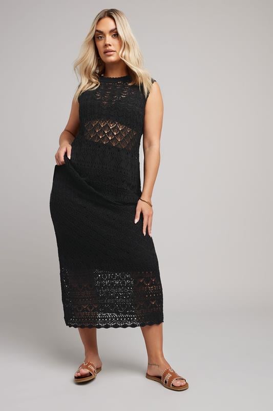 Evans YOURS Curve Black Crochet Knitted Midi Skirt