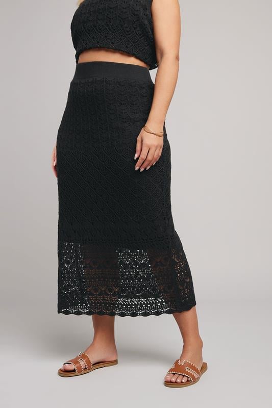 Evans YOURS Curve Black Crochet Knitted Midi Skirt