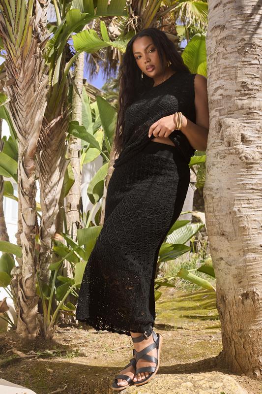 evans YOURS Curve Black Crochet Knitted Midi Skirt