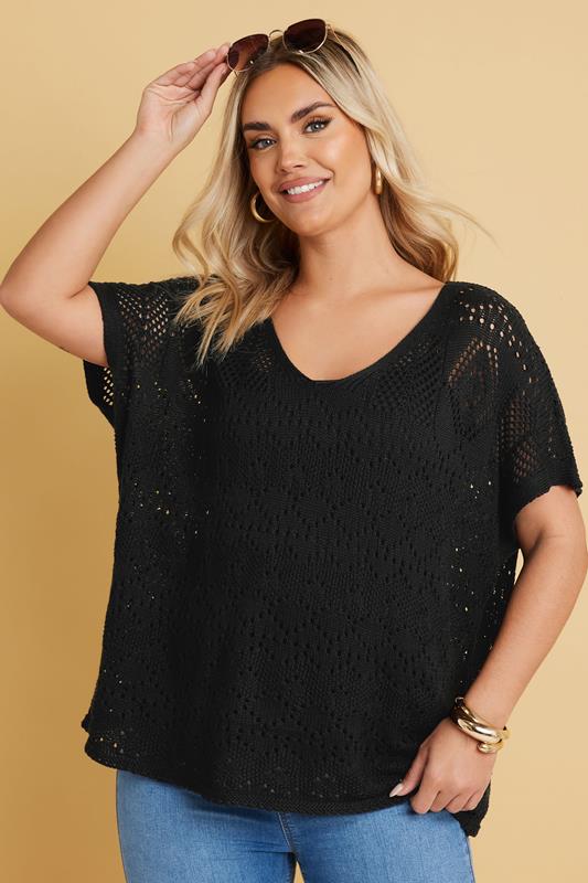 evans YOURS Curve Black Crochet Knitted Top