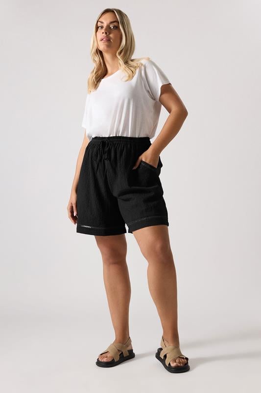 evans YOURS Curve Black Crochet Trim Shorts