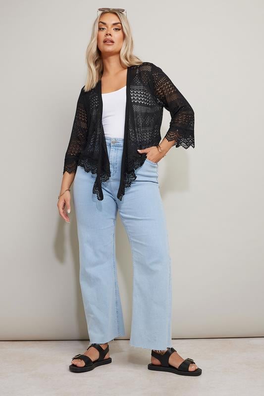 Evans YOURS Curve Black Crochet Waterfall Cardigan