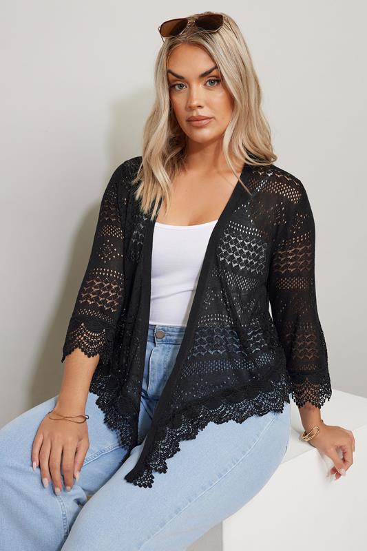 Evans YOURS Curve Black Crochet Waterfall Cardigan