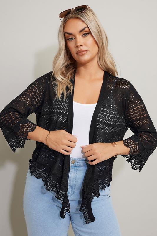 evans YOURS Curve Black Crochet Waterfall Cardigan