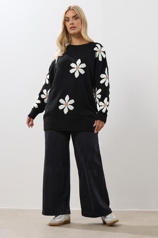 Evans YOURS Curve Black Daisy Knitted Jumper
