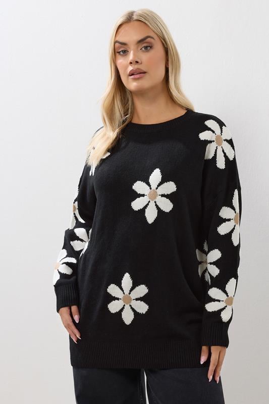 evans YOURS Curve Black Daisy Knitted Jumper