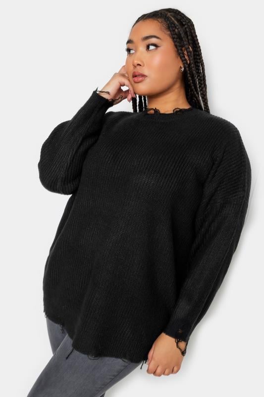 evans YOURS Curve Black Distressed Knitted Jumper