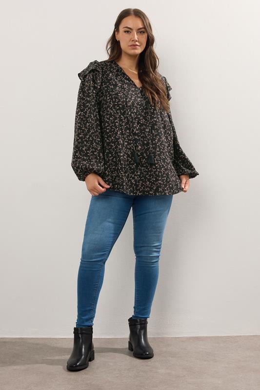 Evans YOURS Curve Black Ditsy Leaf Print Frill Top