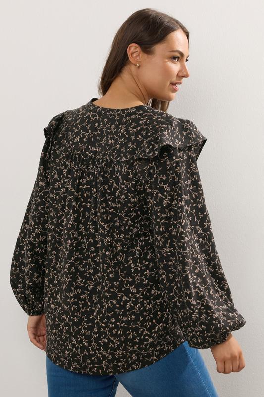 Evans YOURS Curve Black Ditsy Leaf Print Frill Top