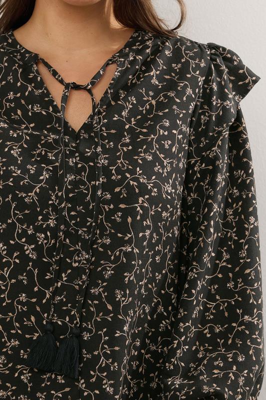 Evans YOURS Curve Black Ditsy Leaf Print Frill Top