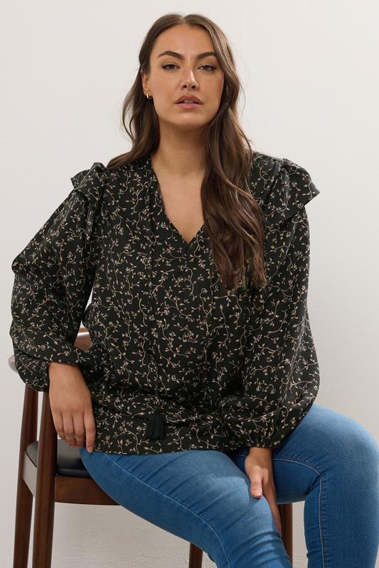 evans YOURS Curve Black Ditsy Leaf Print Frill Top