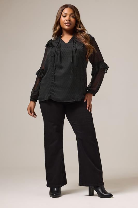Evans YOURS Curve Black Dobby Ruffle Blouse
