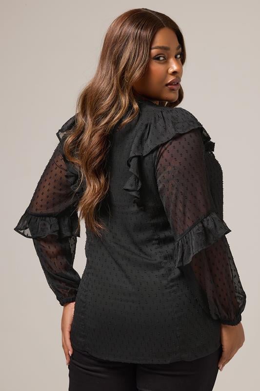 Evans YOURS Curve Black Dobby Ruffle Blouse