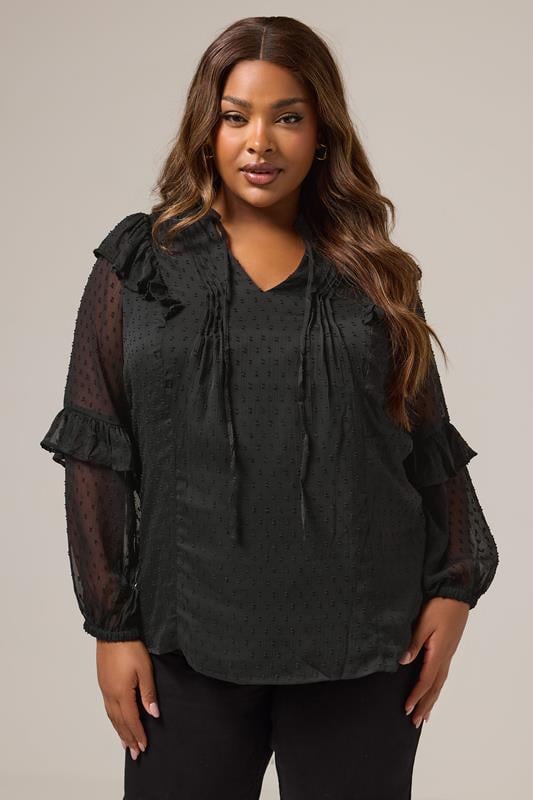 evans YOURS Curve Black Dobby Ruffle Blouse