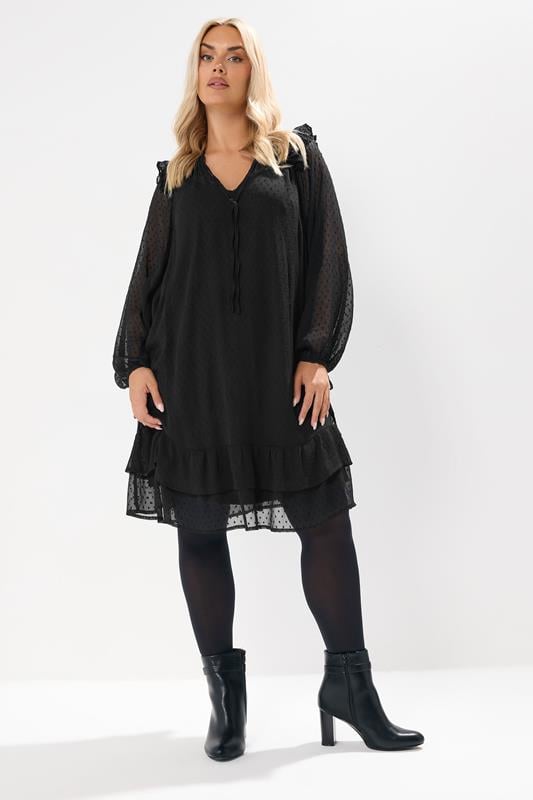 evans YOURS Curve Black Dobby Smock Dress