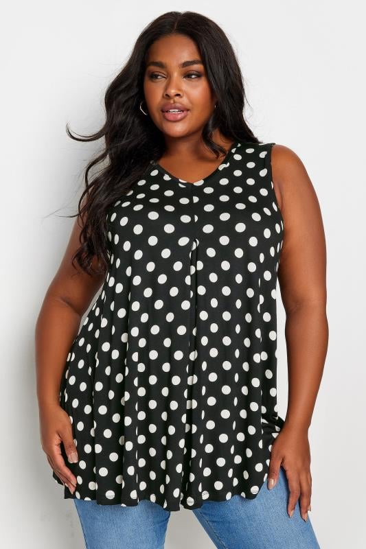 evans YOURS Curve Black Dot Print Swing Vest Top