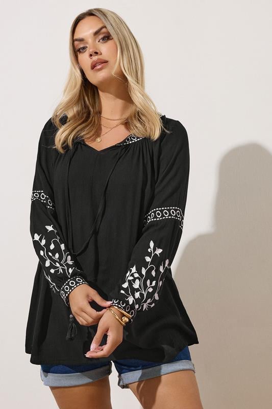 Evans YOURS Curve Black Embroidered Tie Front Top