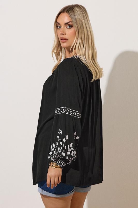 Evans YOURS Curve Black Embroidered Tie Front Top