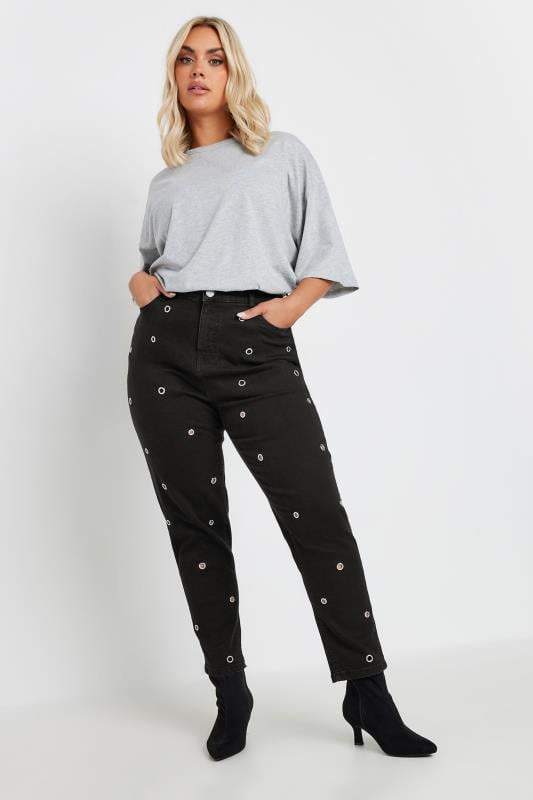 Evans YOURS Curve Black Eyelet Detail Mom Jeans