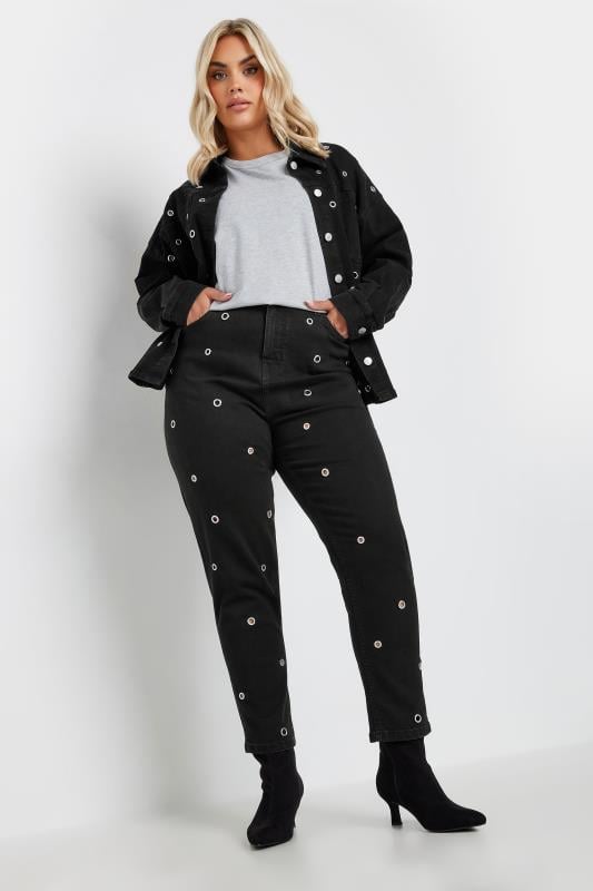 Evans YOURS Curve Black Eyelet Detail Mom Jeans