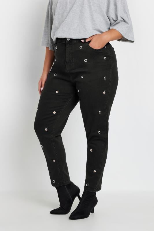 evans YOURS Curve Black Eyelet Detail Mom Jeans