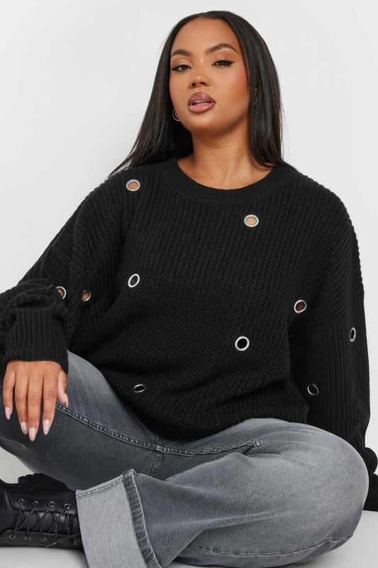evans YOURS Curve Black Eyelet Knit Jumper