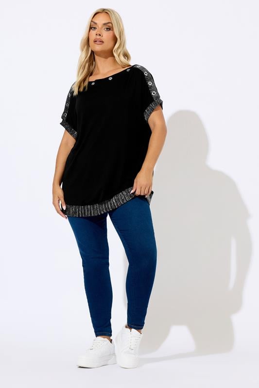 Evans YOURS Curve Black Eyelet Shimmer Detail Top