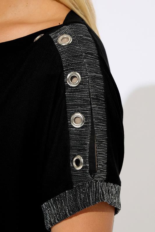 Evans YOURS Curve Black Eyelet Shimmer Detail Top