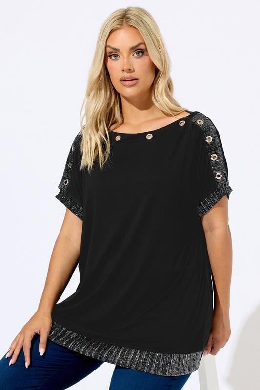 evans YOURS Curve Black Eyelet Shimmer Detail Top