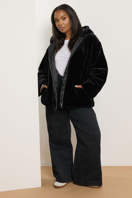Evans YOURS Curve Black Faux Fur Hooded Jacket
