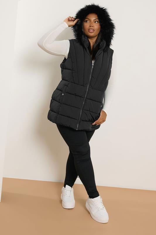 Evans YOURS Curve Black Faux Fur Trim Gilet