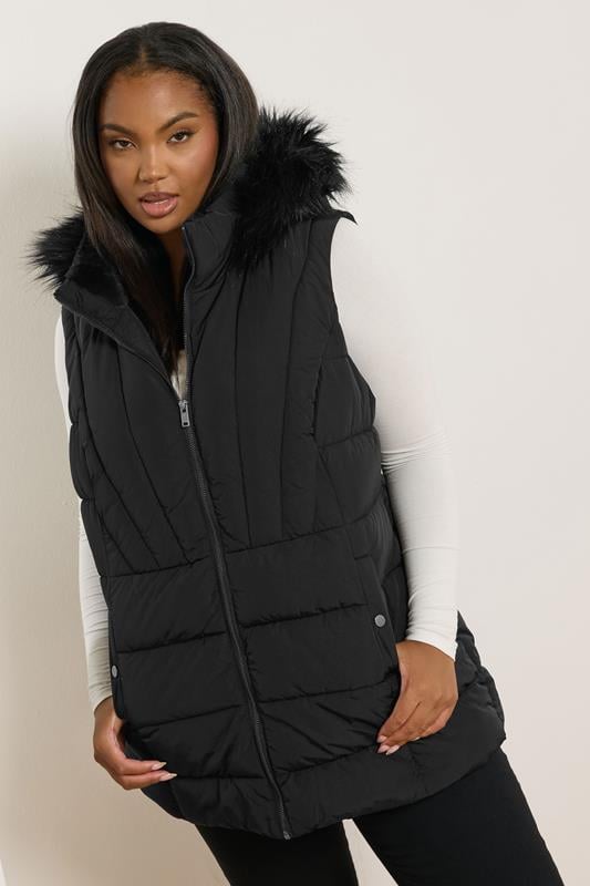 evans YOURS Curve Black Faux Fur Trim Gilet
