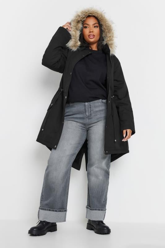 Evans YOURS Curve Black Faux Fur Trim Parka Coat