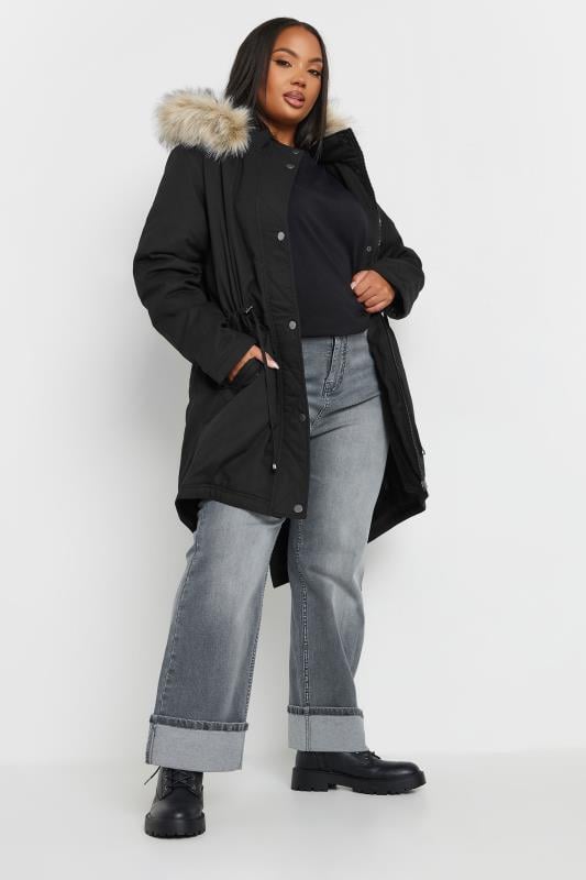 evans YOURS Curve Black Faux Fur Trim Parka Coat