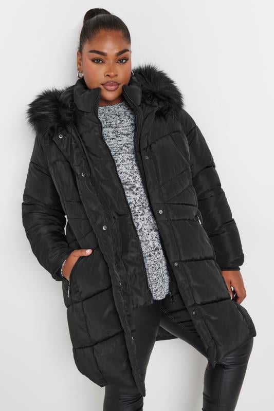 Evans YOURS Curve Black Faux Fur Trim Puffer Coat