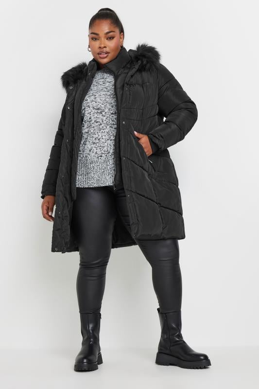 Evans YOURS Curve Black Faux Fur Trim Puffer Coat
