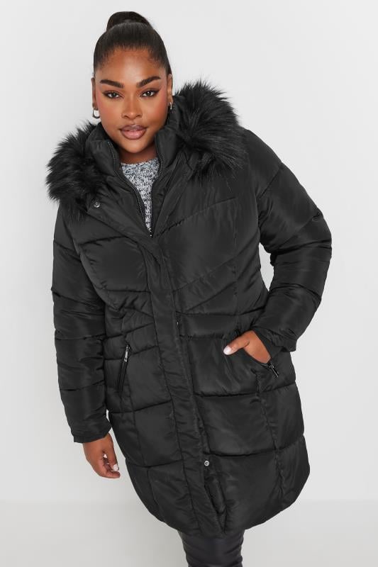 Evans YOURS Curve Black Faux Fur Trim Puffer Coat