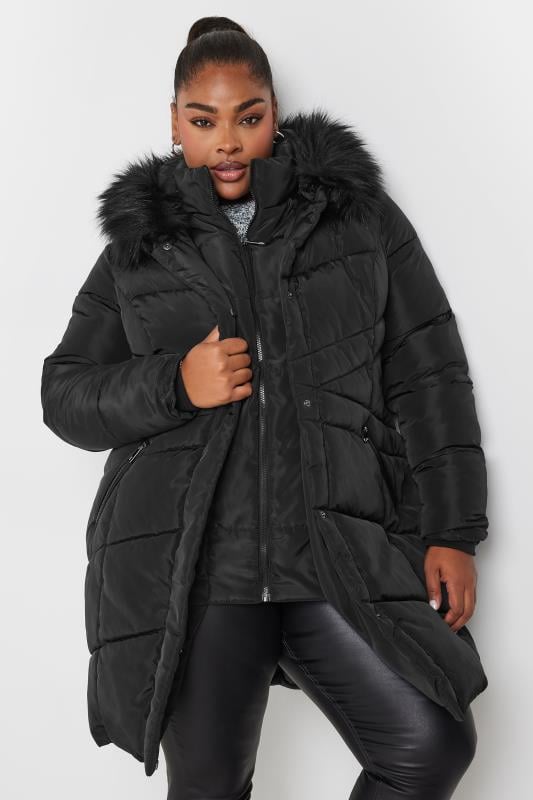 evans YOURS Curve Black Faux Fur Trim Puffer Coat