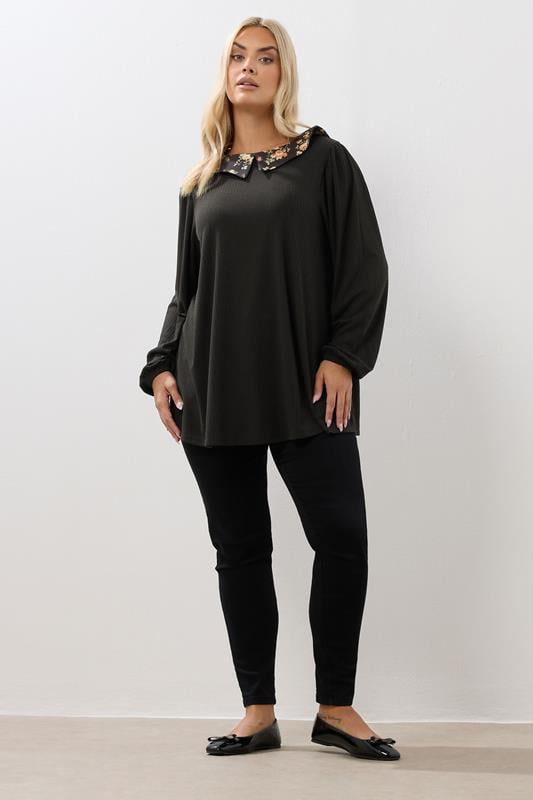 Evans YOURS Curve Black Floral Collar Ribbed Top