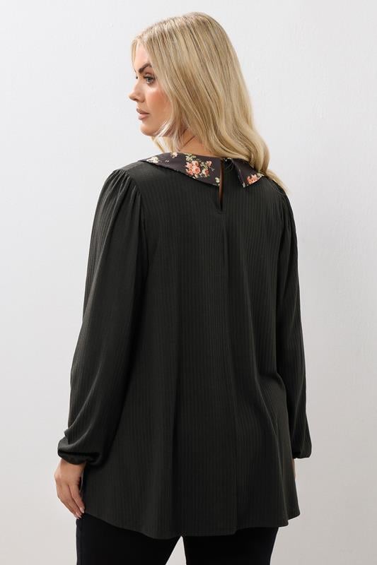 Evans YOURS Curve Black Floral Collar Ribbed Top