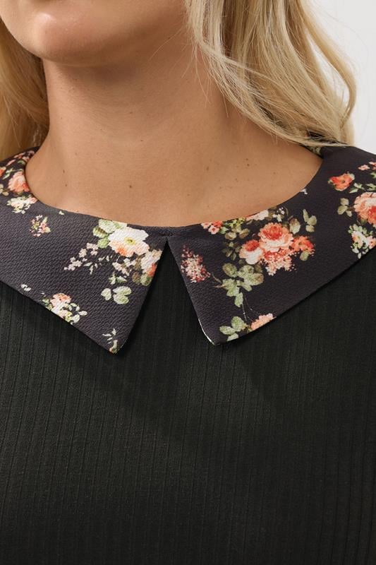 Evans YOURS Curve Black Floral Collar Ribbed Top