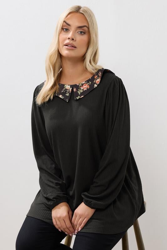evans YOURS Curve Black Floral Collar Ribbed Top