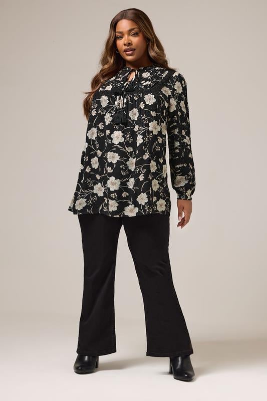 Evans YOURS Curve Black Floral Crochet Trim Blouse