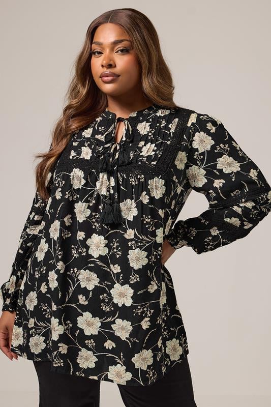 evans YOURS Curve Black Floral Crochet Trim Blouse