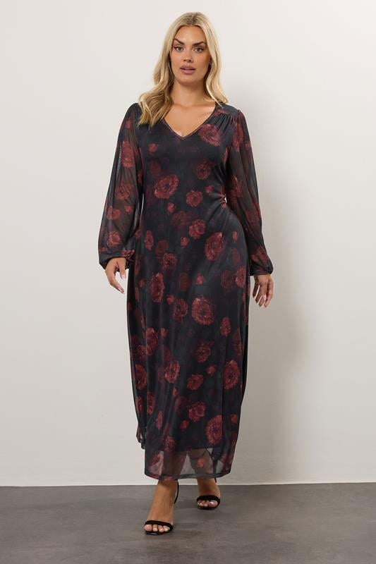 Evans YOURS Curve Black Floral Mesh Maxi Dress