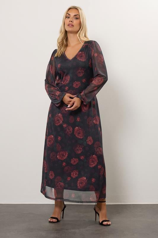 evans YOURS Curve Black Floral Mesh Maxi Dress