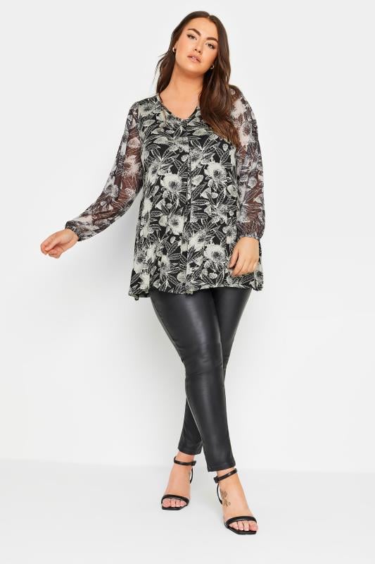 Evans YOURS Curve Black Floral Mesh Sleeve Top