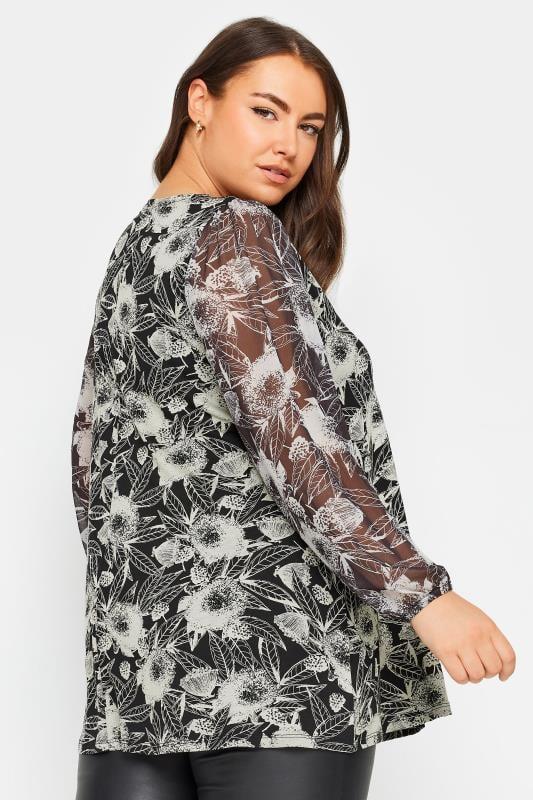 Evans YOURS Curve Black Floral Mesh Sleeve Top